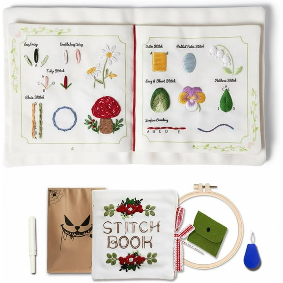 TenDawn Beginner Embroidery Stitch Book with Fabric Pages, 30 Hand Embroidery Stitches for Adults, DIY Sewing Kit with Floral Motifs, Starter Practice Patterns, Gift for Craft Lovers