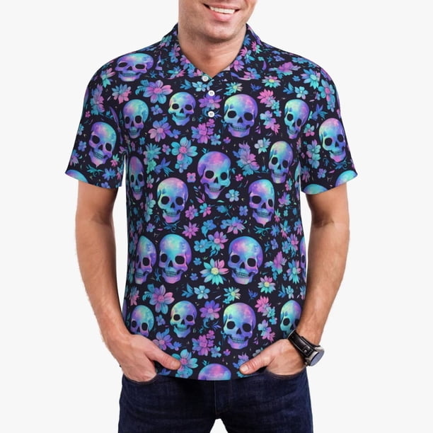Balery Skull purple flower Camisa Polo de Hombre con Estampado, de Manga Corta y Tejido Medio, Camisa Tipo Golf Polo-4X-Large