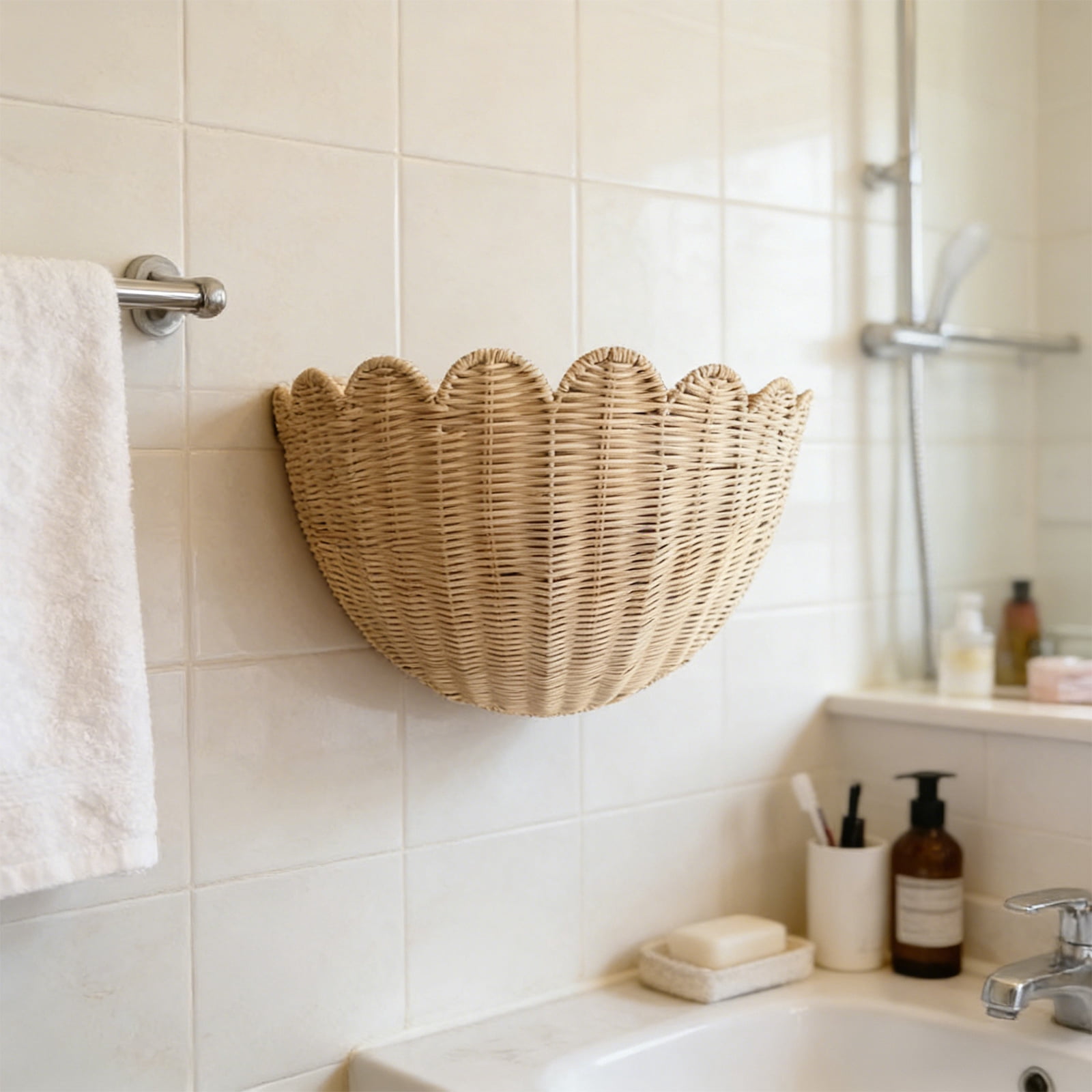 Rustic Wall Decor Scalloped Wicker Basket Original Hand Woven Hanging Storage
