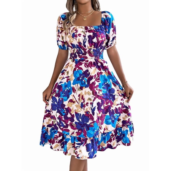 Jaimenalin Women'S Casual Dresses Short Sleeve Square Neck A Line Flowy Floral Smocked Midi Dress Blue XL