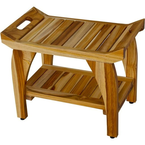24 in. Compact Rectangular Teak Shower Bench with Handles, Natural Color