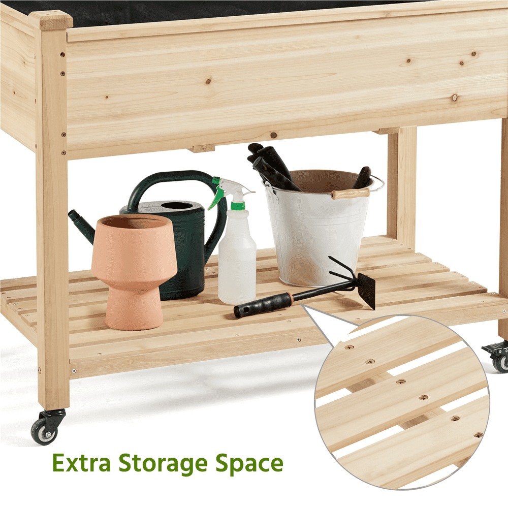 Renwick Fir Wood Planting Bed with Shelf & Wheels, Wood