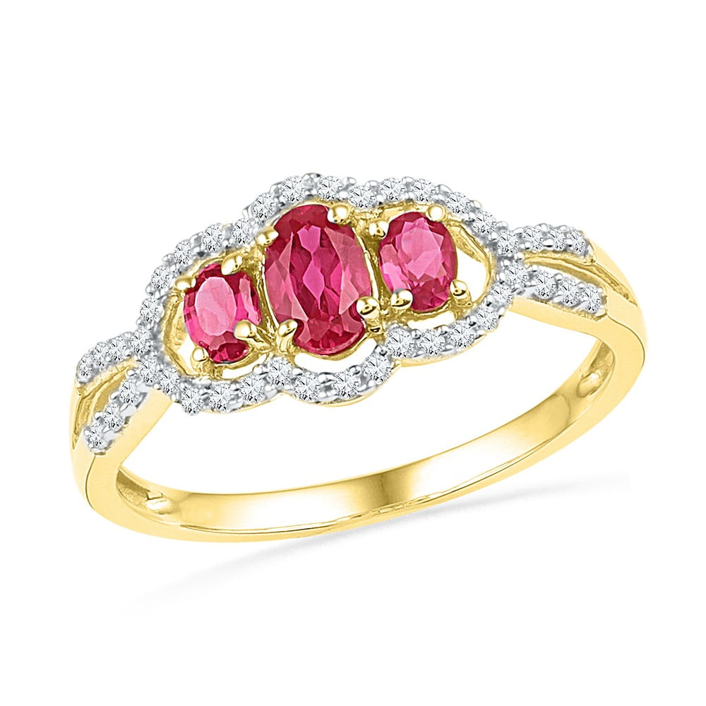 10kt Yellow Gold Womens Oval Lab-Created Ruby 3-stone Diamond Frame