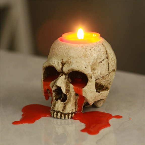 Halloween Candle Holder, White Teardrop-Detail Skull Tea Light Candle Holder, Spooky Halloween Table Decorations, Gothic Home Decor Accent, Fits Standard Tea Light and Votive
