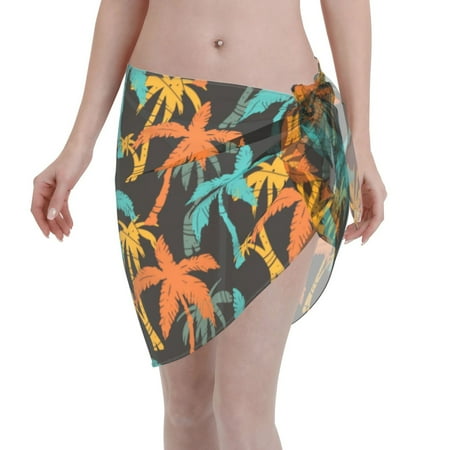 Adobk Women Beach Sarong Bathing Suit Palm Trees Print Wrap Skirt Sheer Bikini Swimsuit Cover Ups For Swimwear