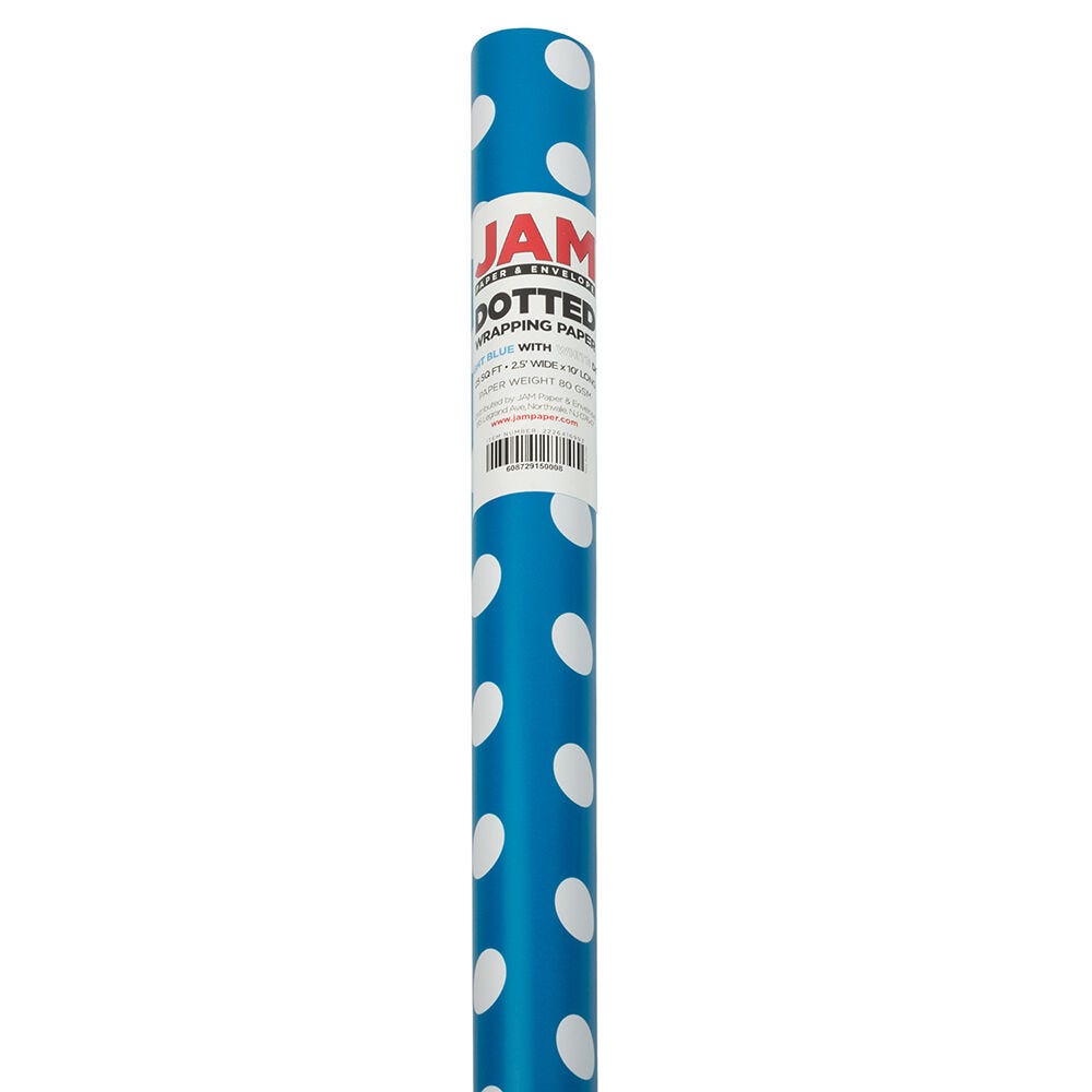 JAM Paper Polka Dot Gift Wrap, 50 Sq ft total, Blue with White Dots, 2 Rolls/Pack