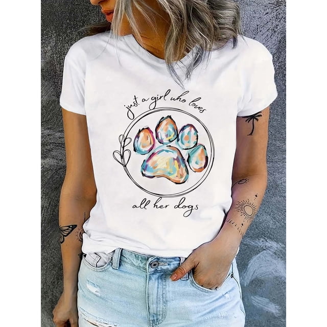 Camiseta de Mujer Solo una que Ama a Todos Sus Perros - Diseño Divertido con Huellas de Pata, Manga Corta y Cuello Redondo, Tejido Transpirable y Elástico, Lavable en Máquina para Amantes de los Perro