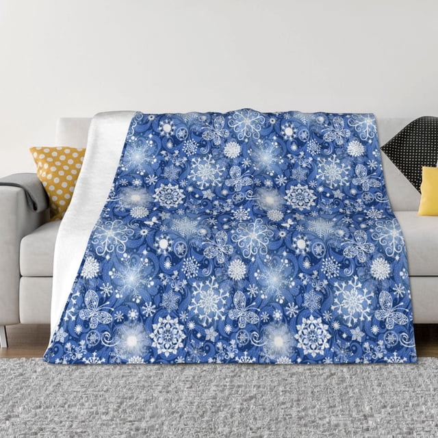 Balery whiet Snowflake blue background Manta de Franela con Dibujo, Lujo Ultra Suave y Cálido, Antipelusa y Resistente a las Arrugas para Cama, Sofá, Camping -50"x40"