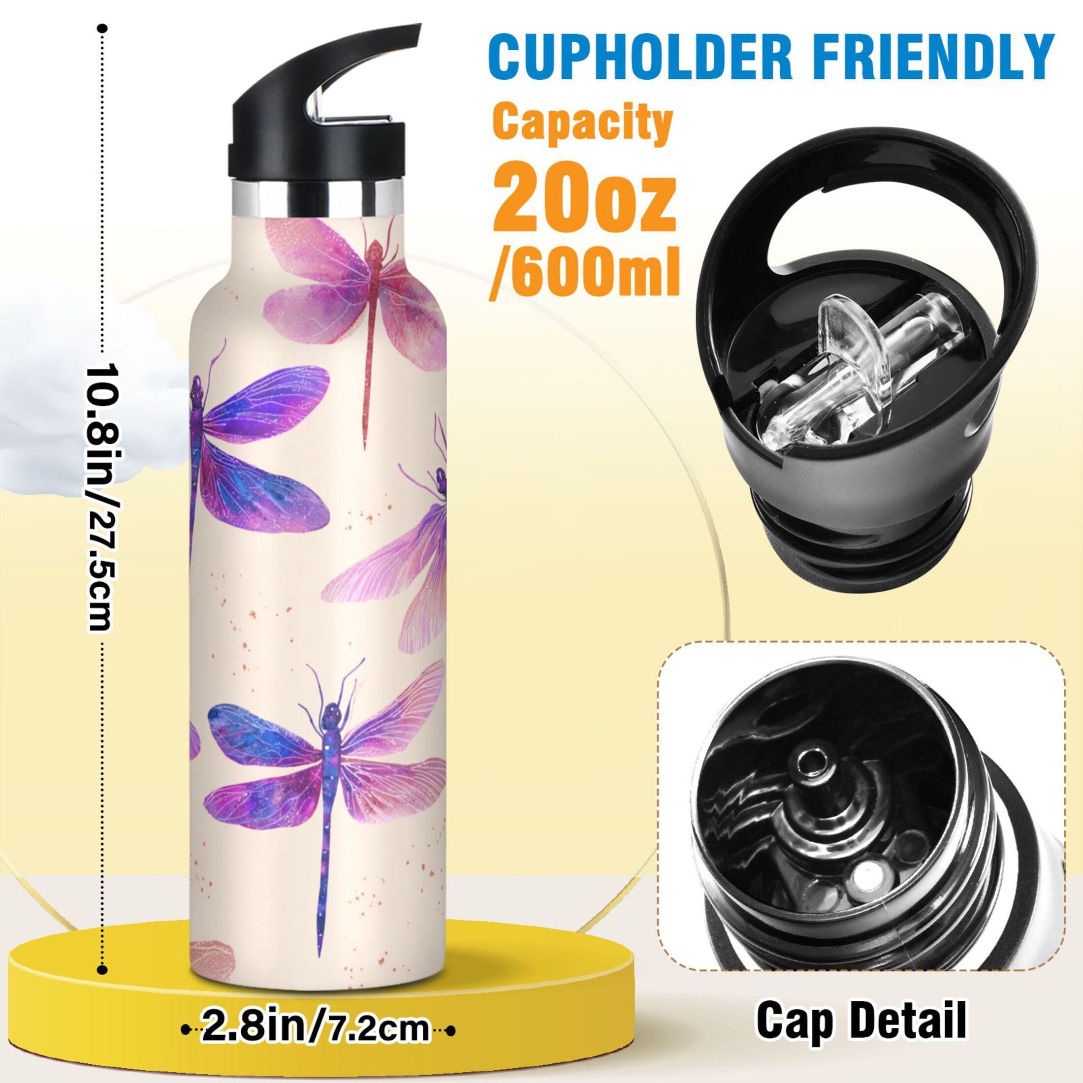 600ML Stainless Steel Insulated Cup Sports Water Bottle Portable Thermos Cup Water Glasses Insulated Tumblers Convenient and Durable Beautiful Purple Dragonfly