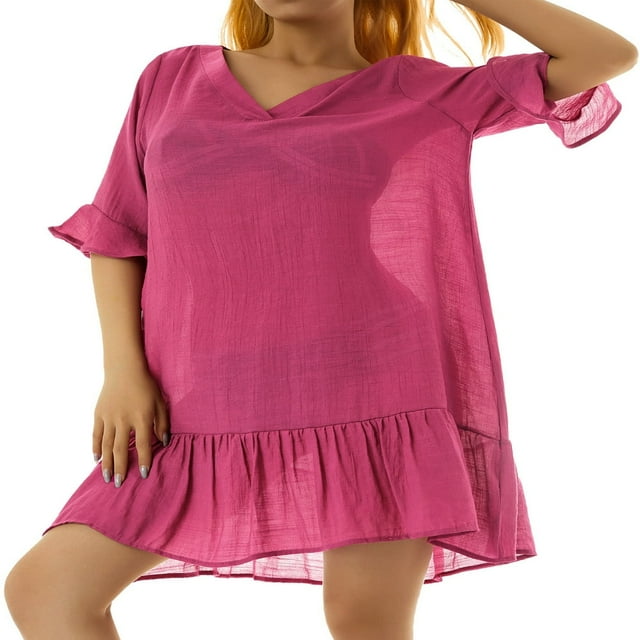 MesaSe Women Cover-up Dress Short Sleeve V Neck Solid Ruffled Loose Beach Dress
