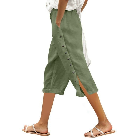 DuoJiaJ Women’s Solid Color Elastic Waist Loose Fit Side Button Functional Three Quarter Casual Pants Wide Leg Casual Pants Women