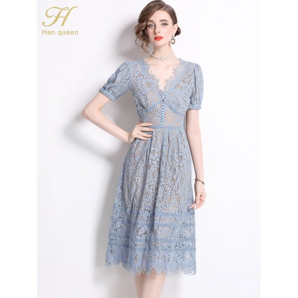 H Han Queen-vestido de noche con cuello en V para mujer, ropa de fiesta elegante y bonita, informal, de encaje, para verano, 2024