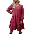 thumbnail image 1 of Women Long Sleeve Dress Dots V Neck A-Line Loose Spring, 1 of 8