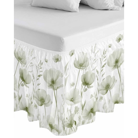 Sage Green Spring Floral Wrap Around Bed Skirts for California King Bed 18" Drop,Bed Skirt with Adjustable Elastic Belt Dust Ruffle Bed Valance Summer Botanical Watercolor Vintage Bed Frame Cover