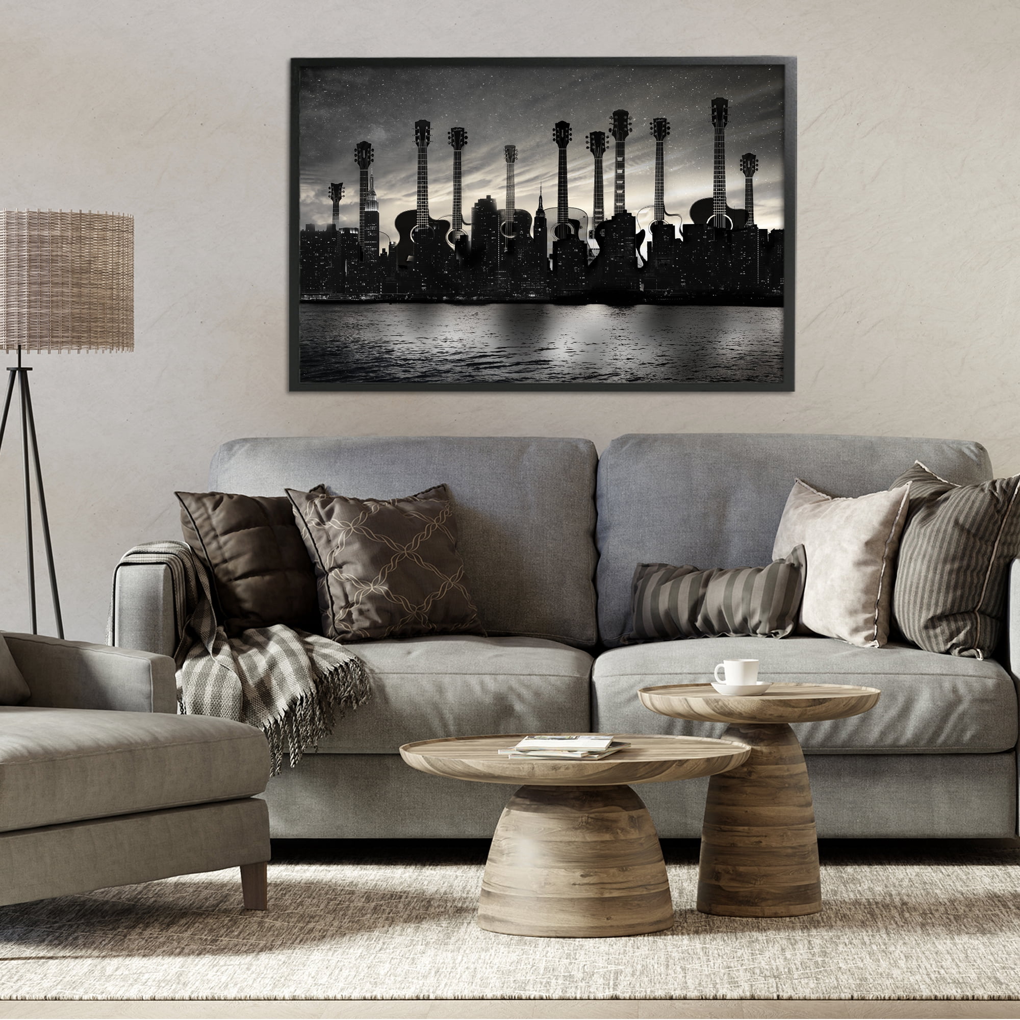 Stupell Industries Guitar Skyline Cityscape Black Framed Giclee Art, design by CAD Designs