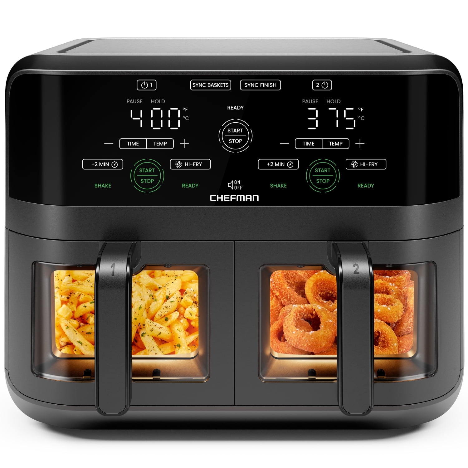 Chefman Dual Basket Digital Air Fryer Oven w Easy View Windows 2 Independent 3 Qt Baskets Black New