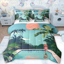 Feelyou Fashion Girl Bedding Comforter Set 7 Pieces, Cartoon Swimming Pool Full Bedding Set, Summer Coconut Tree Reversible Fitted Sheet Flat Sheet, Microfiber Bedroom Decor