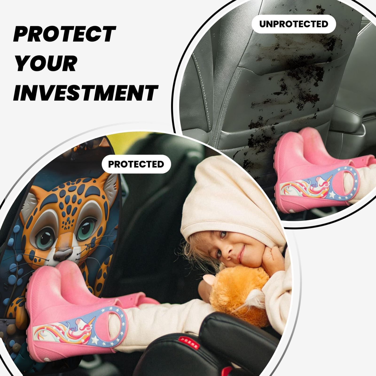 Kdxio Playful Leopard Art Print 2 Pack Car Kick Mat Seat Cover Back Protector Mat with Pockets for Organizer Backseat Protector and Storage Anti Kick Pad for Vehicles