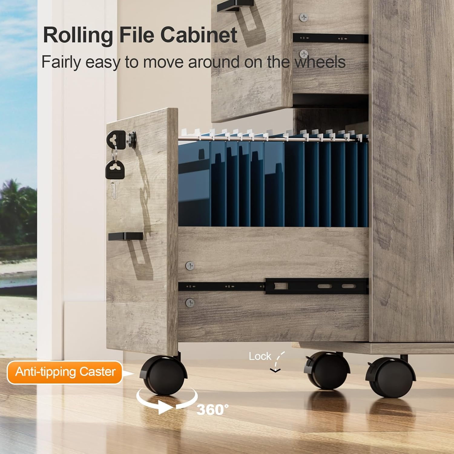 2 Drawer File Cabinet with Lock,  Filing Cabinet for Letter Size File Folders with Tabs, Under Desk Rolling File Cabinets for Home Office, Mobile File Organization Printer Stand