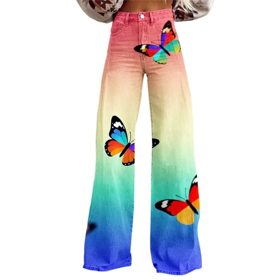 kaondbfi Women's Print Jeans Mid Waisted Wide Leg Baggy Flare Pants with Pockets Summer Jeans for Women