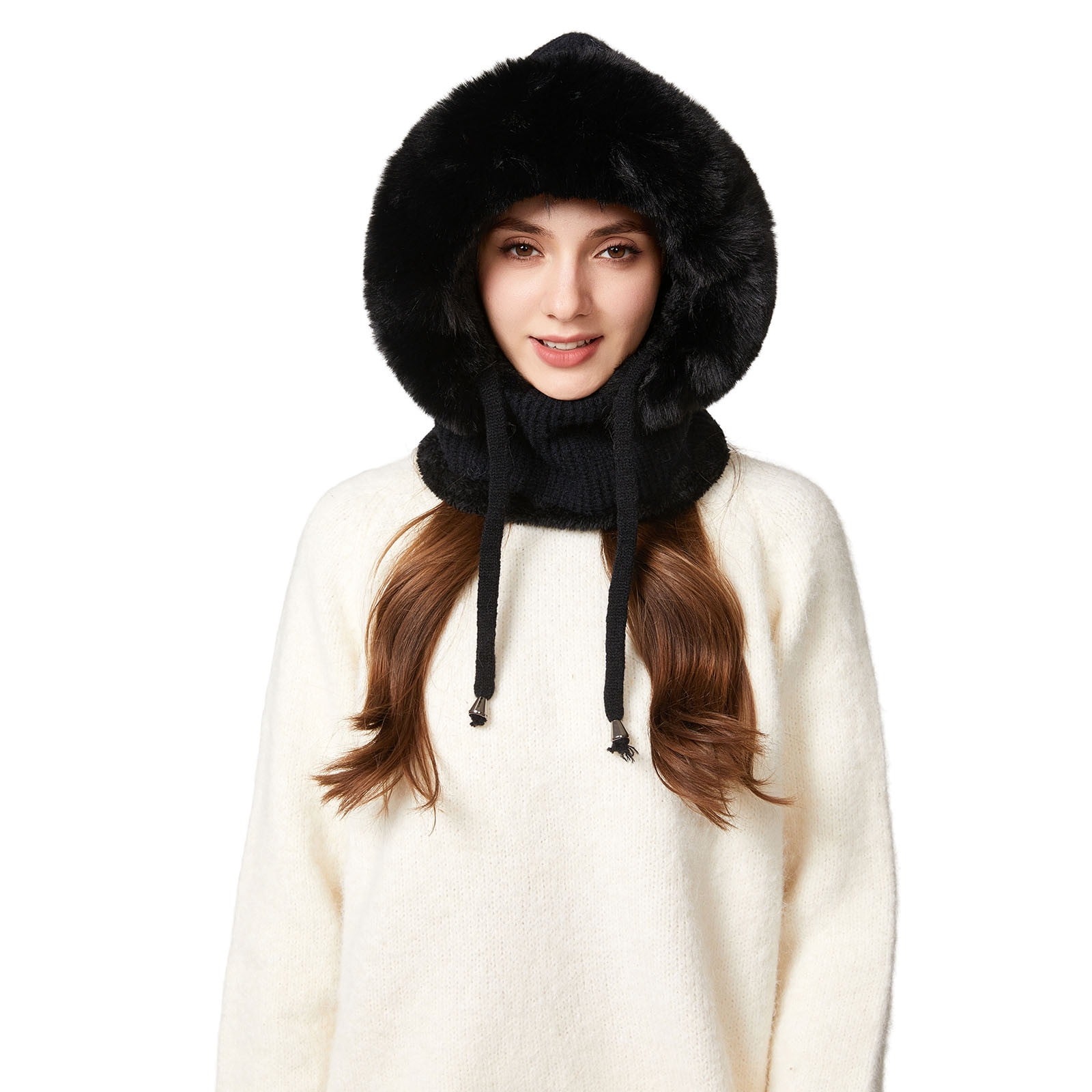 YZEGDCH Black Women One Piece Slouchy Fleece Thicken Beanie Winter Hats Scarf Mask Drawstring Warm Hooded Winter Balaclava Pullover Knitted Winter Hat, Birthday Valentines Gift for Women
