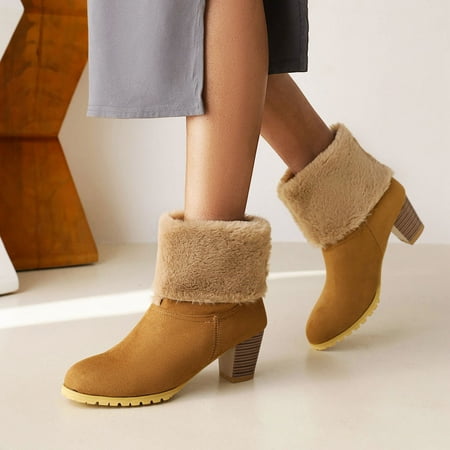 

Juebong Boots on Sale Two Wear Woolen Short Boots Thick High-Heeled Mid-Tube Boots Ladies Cotton Cowgirl Cowboy Boots