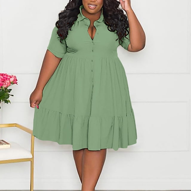 Neewe Robe Midi Grande Taille pour Femmes, Unie, Col en V, Manches Courtes, Boutonnée, avec Poches, Robe T-Shirt