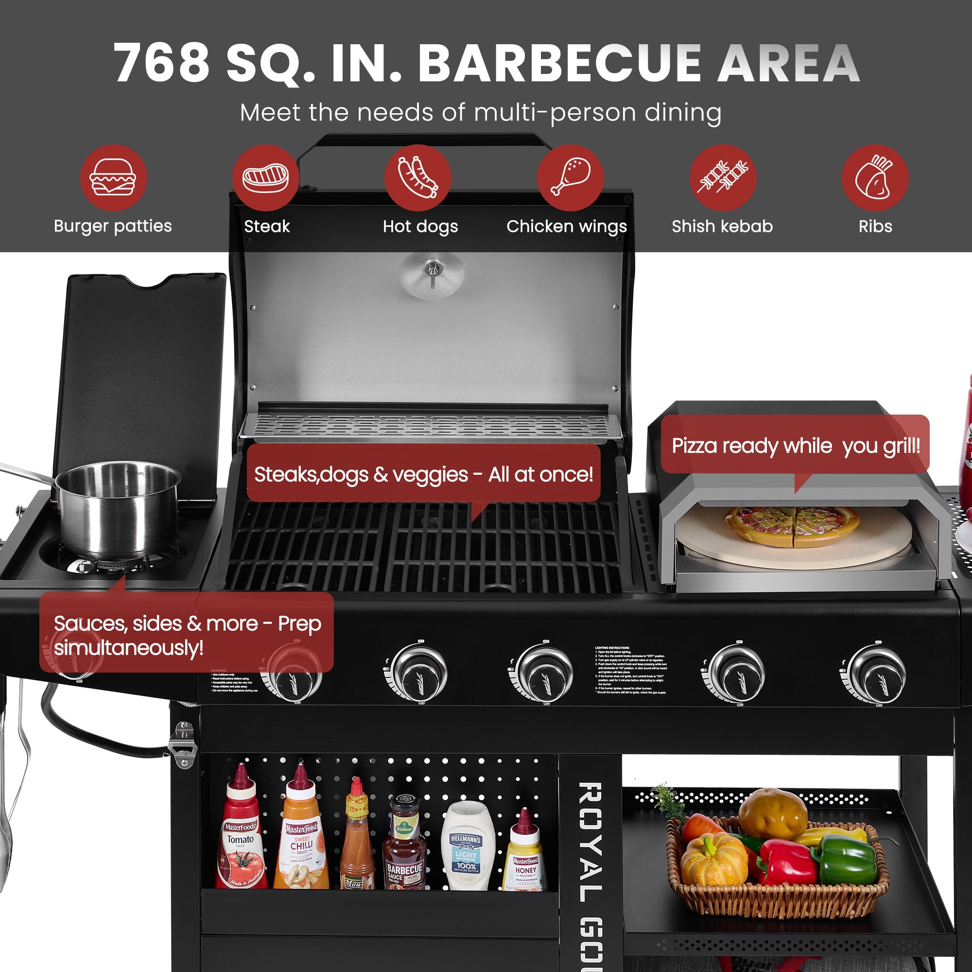 Royal Gourmet ZH3004H Premium Gas Grill and Pizza Oven Combo with Side Burner, 59,000 BTU, Two Swivel Wheels with Brakes, Perfect for Patio and Outdoor Parties, Black