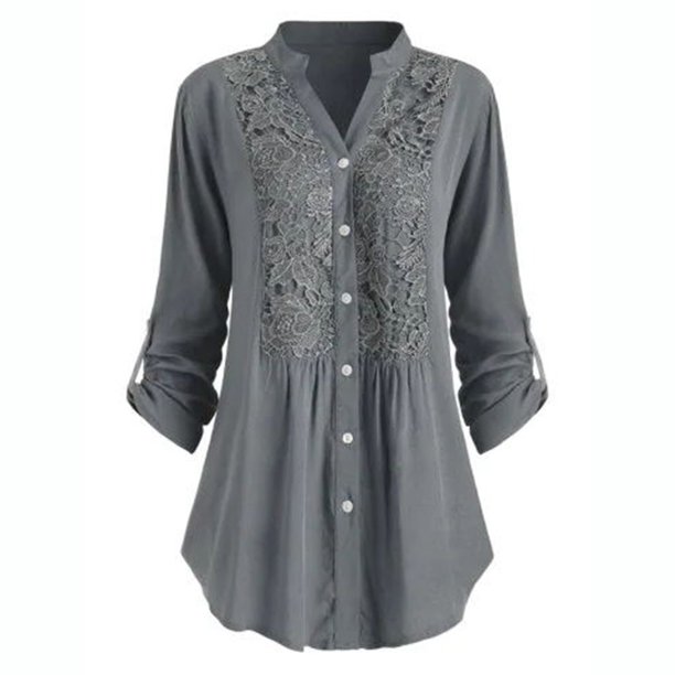 ICHUANYI Clearance Women Ladies Large Size Button Lace V Neck Long Sleeve Shirt Blous(Gray, S) ICHUANYI WER2023080703232