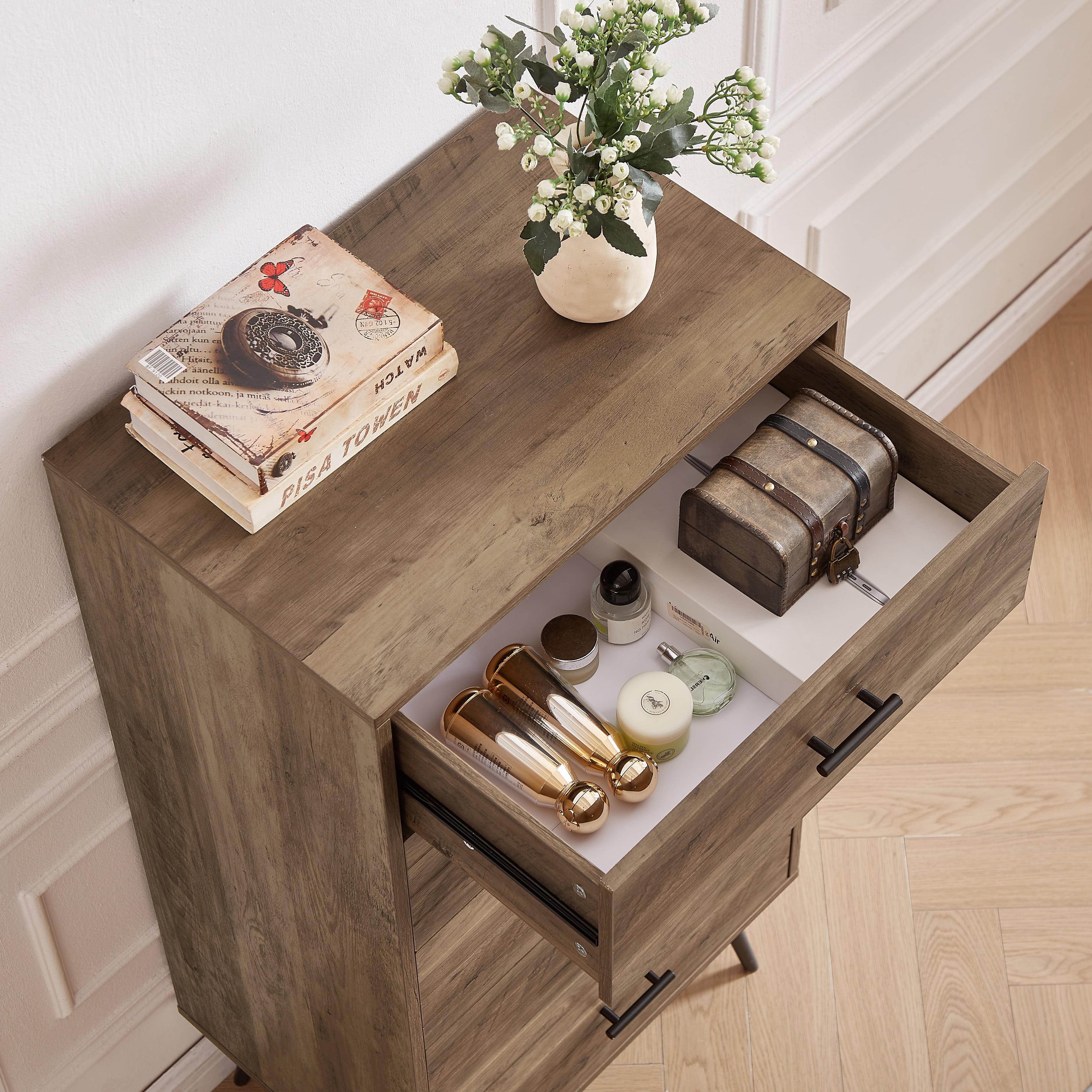 PORKISS 5 Drawer Dresser, Spacious Chest of Drawers, Vertical Dresser, Vintage Dresser Organizer Storage Cabinet for Bedroom, Closet, Hallway, Rustic Walnut