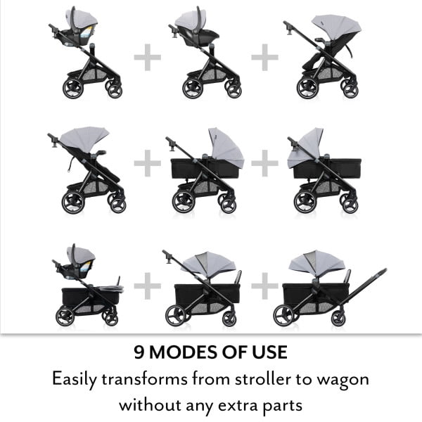 Evenflo Transformer Stroller to Wagon Travel System Featuring LiteMax NXT Infant Car Seat (Fog Gray)