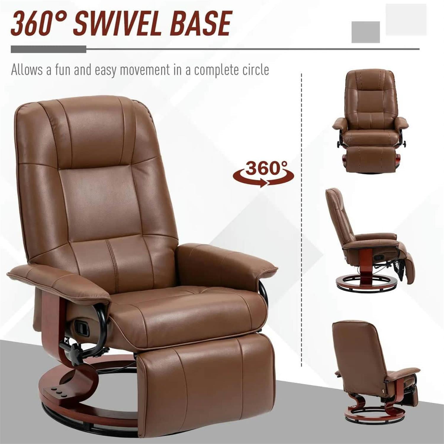 Demi Bonn 39" Faux Leather Swivel Recliner with Footrest, Armrest and Wooden Base for Living Room, Comfort High-Backed Sofa Chair, Brown