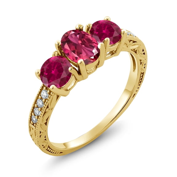 Gem Stone King 2.97 Ct Oval Pink Tourmaline Red Created Ruby 18K Yellow Gold Plated Silver Moissanite Ring (Size 9)