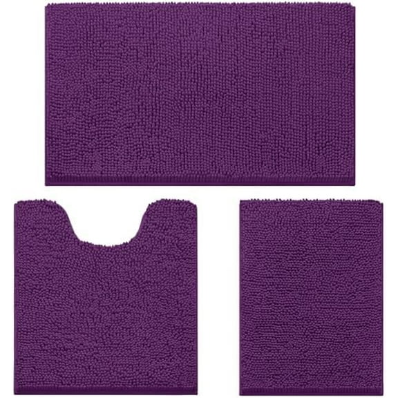 3 Pieces Bathroom Rugs, Ultra Soft Non Slip Absorbent Chenille Toilet Bath Mat Set (Purple,17"x24" 20"x32" U Shape 20"x24")
