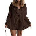 thumbnail image 4 of Women 2 Piece Outfits V Neck Ruffle Tie Front Blouse Tops Lounge Sets Brown M, 4 of 7