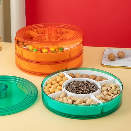 

Riguas Fruit Tray Transparent Single/Double Layer Rotatable Multi Compartments Moisture Proof Round Snack Candy Serving Plates Food Storage Box for Home