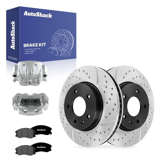 AutoShack Front Brake Rotors, Premium Pads & Calipers for Chevrolet, Equinox 2007-2009, AWD FWD V6 3.4L 3.6L - E-Coated Drilled & Slotted - ShadowGuard - 11.65" (295.9 mm), 5-Lug
