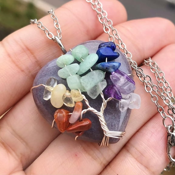 QQTDFG 7 Chakra Indian Agate Stone Tree Of Life Heart Necklace Reiki Healing Amulet-default