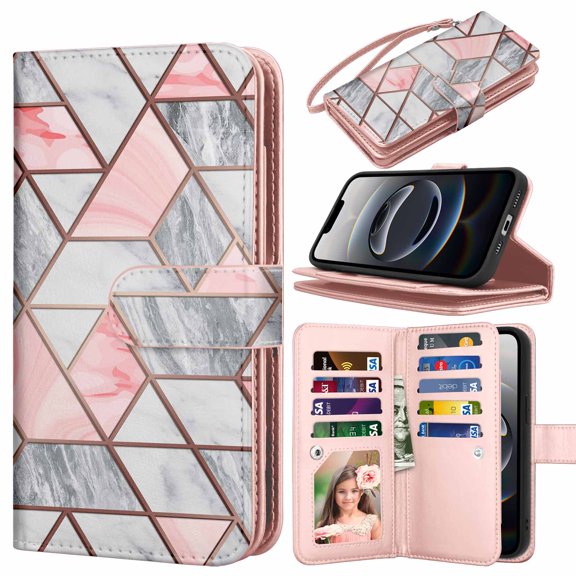 Njjex For Apple iPhone 16e Wallet Case, Luxury PU Leather [9 Card Slots] Folio Cover with Detachable Magnetic Hard Case   Kickstand & Wrist Strap - Marble