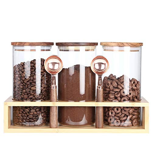 KKC Borosilicate Glass Canisters for Kitchen Counter,Glass Storage Jars with Spoons ,Airtight Countertop Glass Storage Containers with Wood Lids for Coffee Beans,Cookie,39 Fluid-oz,Pack of 3