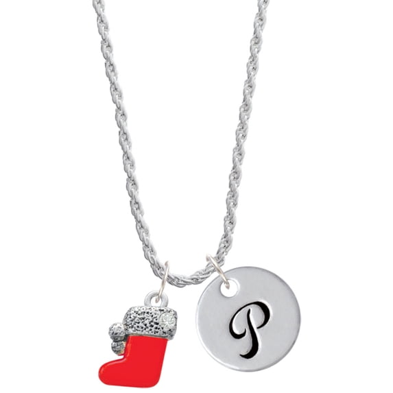 Delight Jewelry Silvertone 3-D Red Christmas Stocking Silvertone Script Initial Disc - P - Charm Necklace, 20"+3"