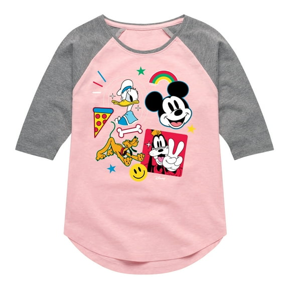 Disney - Goofy Donald Mickey Pluto Stickers - Youth Girls Raglan Graphic T-Shirt