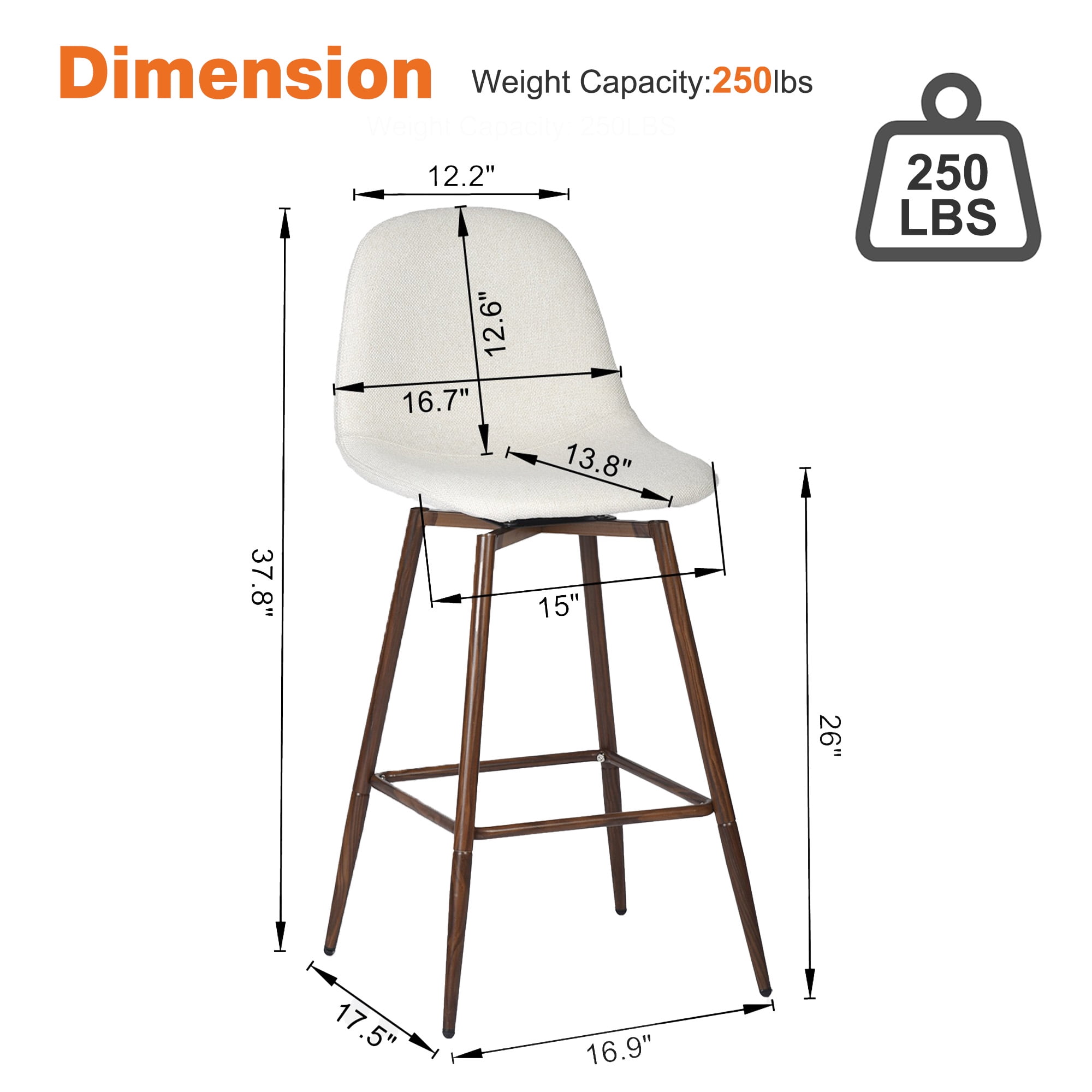 Homy Casa 26" Swivel Counter Height Bar Stools, Set of 2, Beige Fabric, Wood-Look Metal Legs