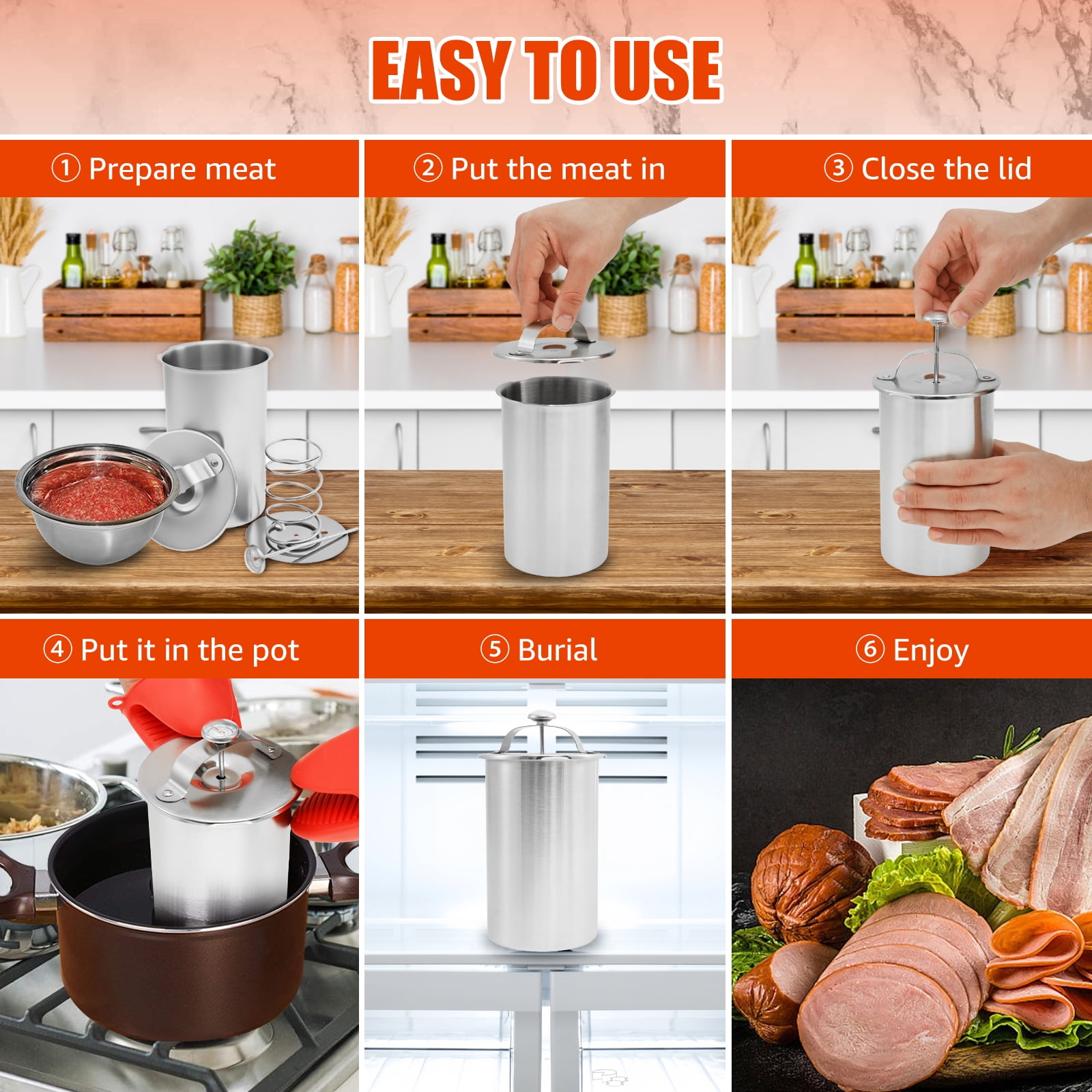 Ham Maker with ℉/℃ Cooking Thermometer and Silicone Kitchen Mittens Stainless Steel Meat Press Mold Reusable Deli Meat Press for Homemade Deli Meats Silver