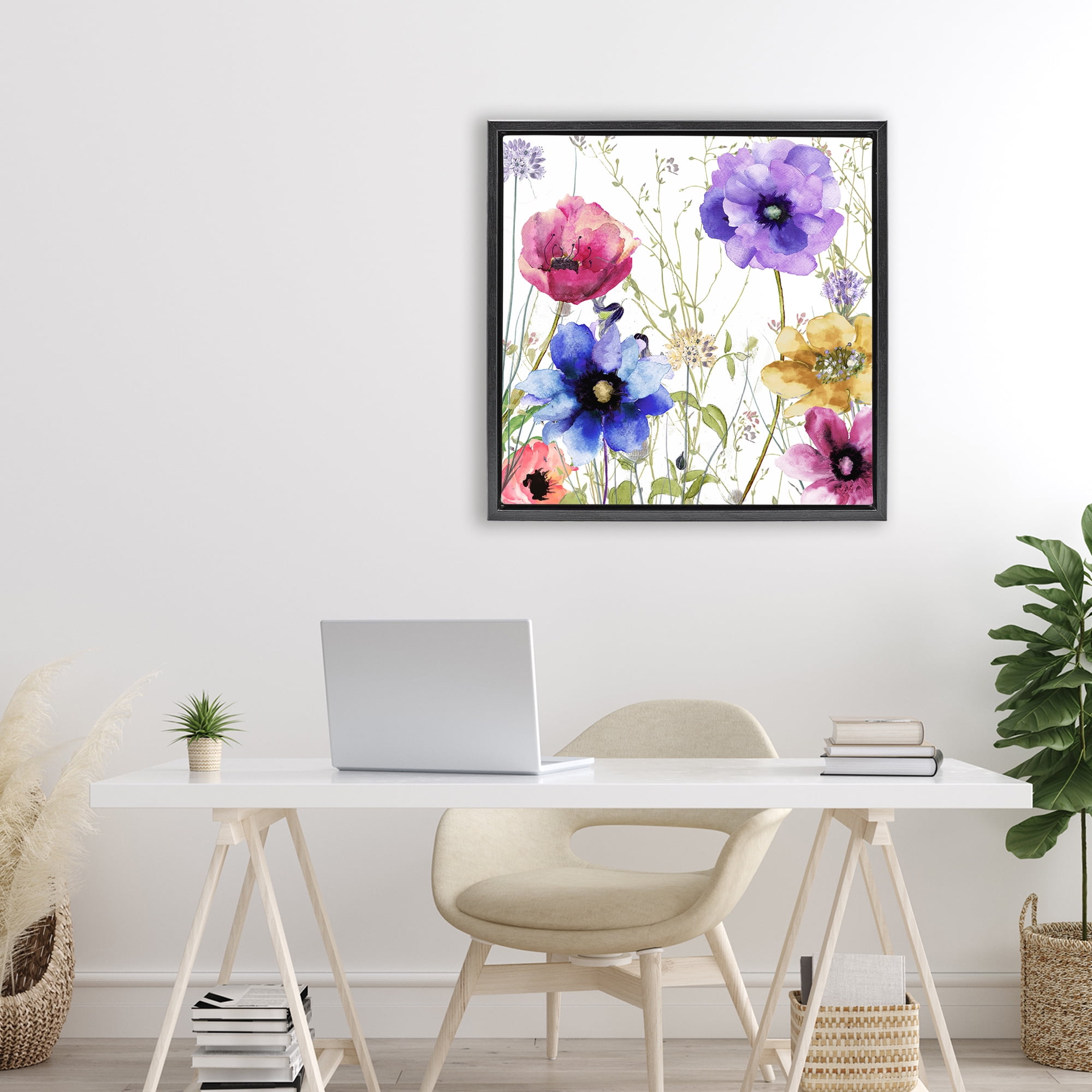Modern Spring Garden Flowers Black Framed Floater Canvas Wall Art, design by Sasha