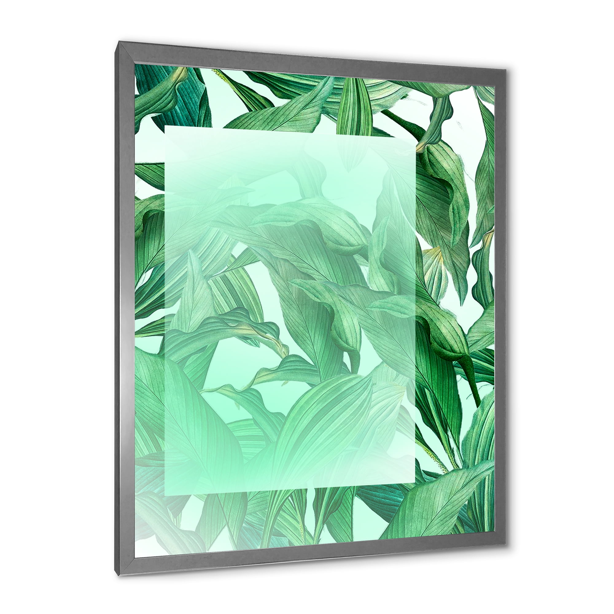 Designart 'Tropical Palm Green Leaves Under White Rectangle' Nautical & Coastal Framed Art Print