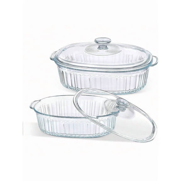 Borosilicate Glass Casserole Dish with Lid, 1.9 Quart Round Glass Baking Dish with Handles, Oven to Table Bakeware for Family Dinner, Clear