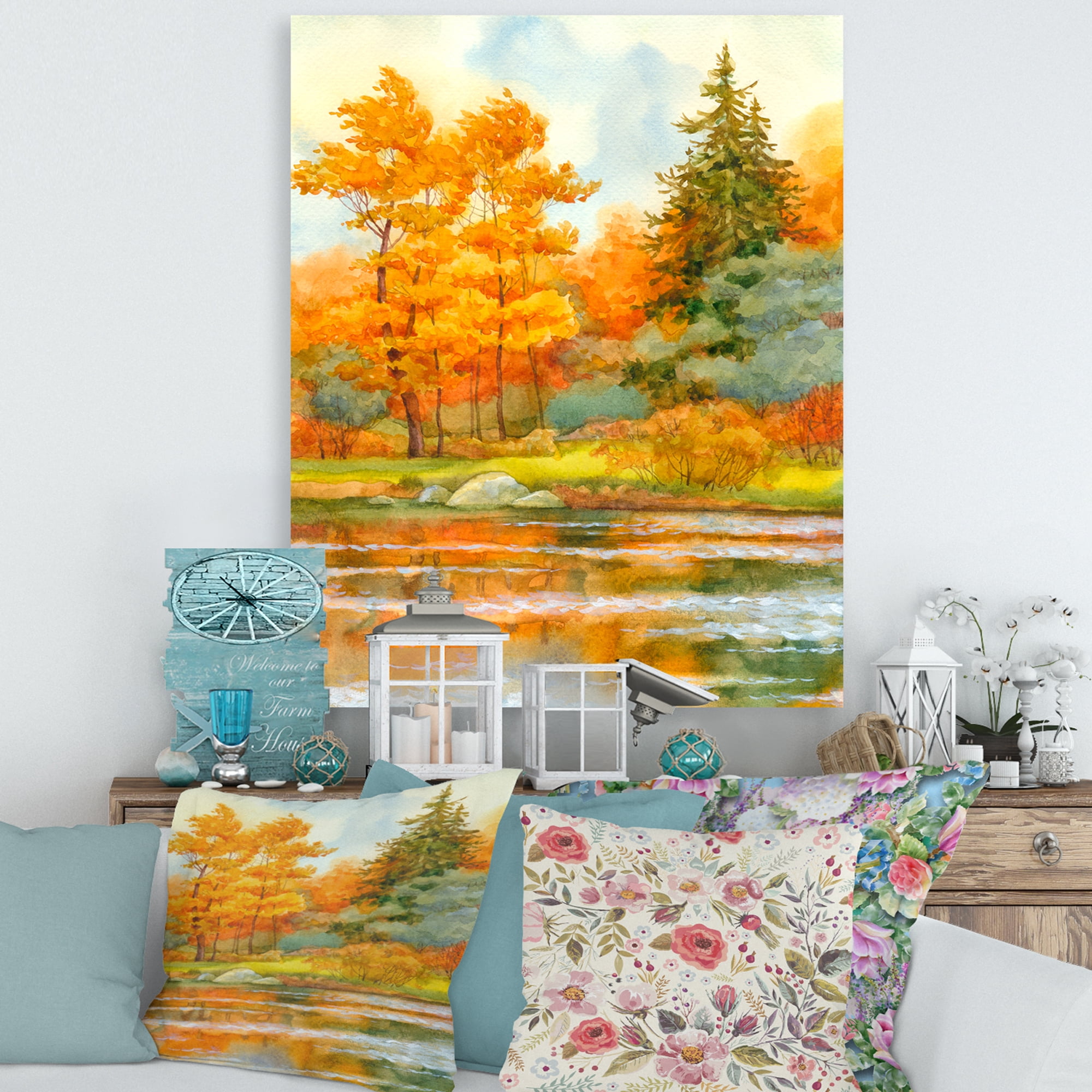 Designart ' Autumn Forest By The Lake Side IV ' Lake House Canvas Wall Art Print