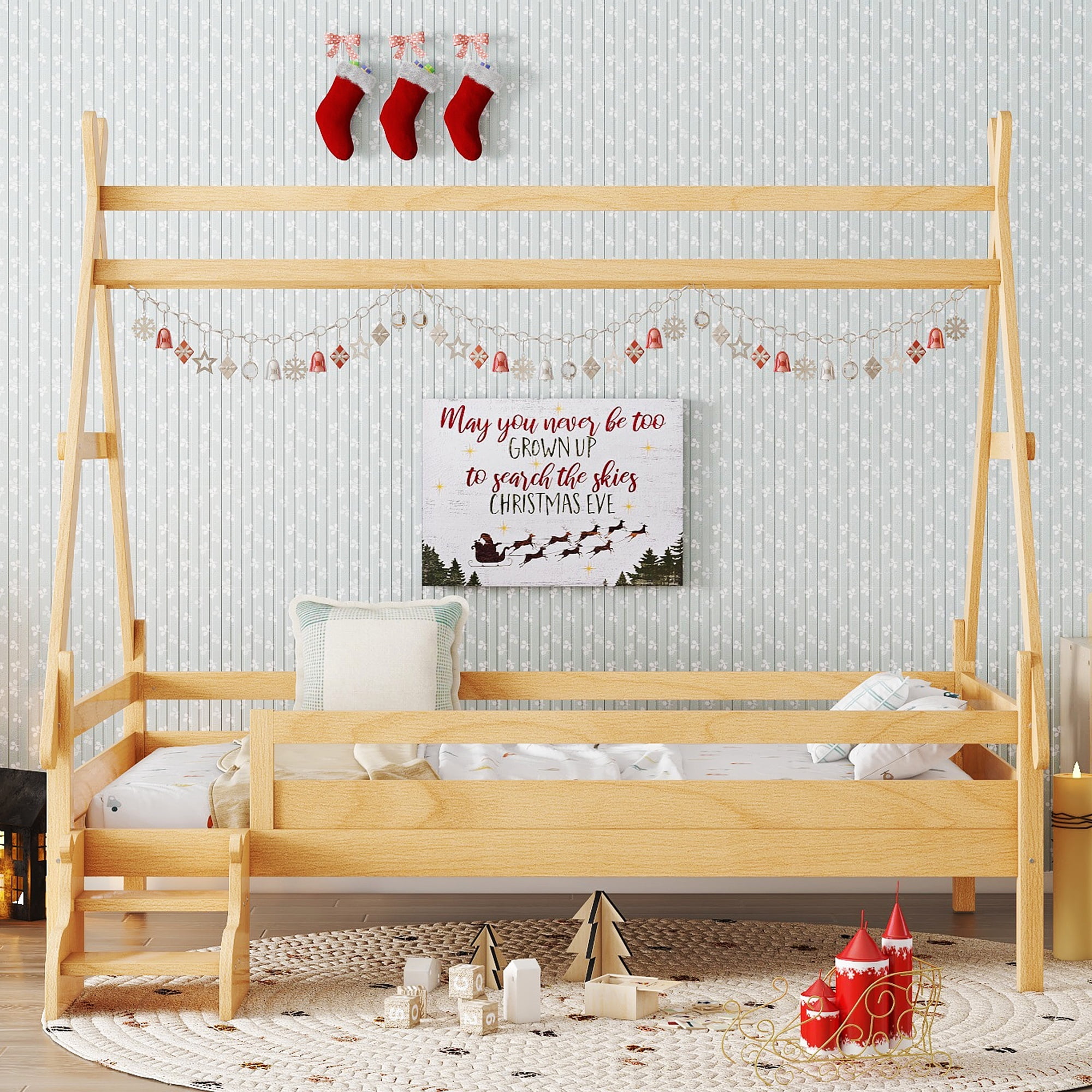 PORKISS Twin Size Platform Bed, Solid Wood Toddler Bed with Fence Guardrail Ladder, Twin Size Bed Frame for Kids Girls Boys, Montessori Bed, No Box Spring Needed, Natural B