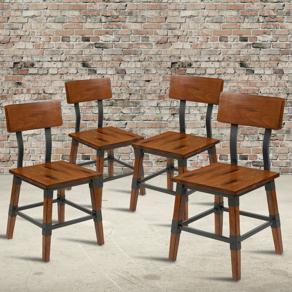 BizChair Industrial Steel Dining Side Chairs, Walnut (Set of 4)